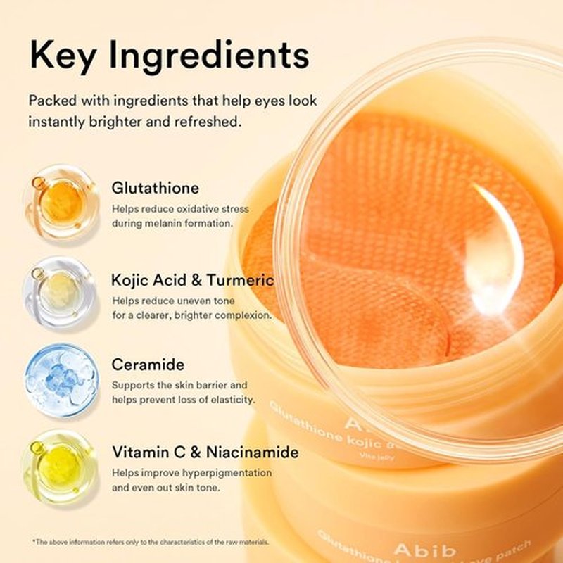 Abib Glutathione Kojic Acid Eye Patches - Brighten Dark Circles & Spots | 60 Count Korean Skin Care