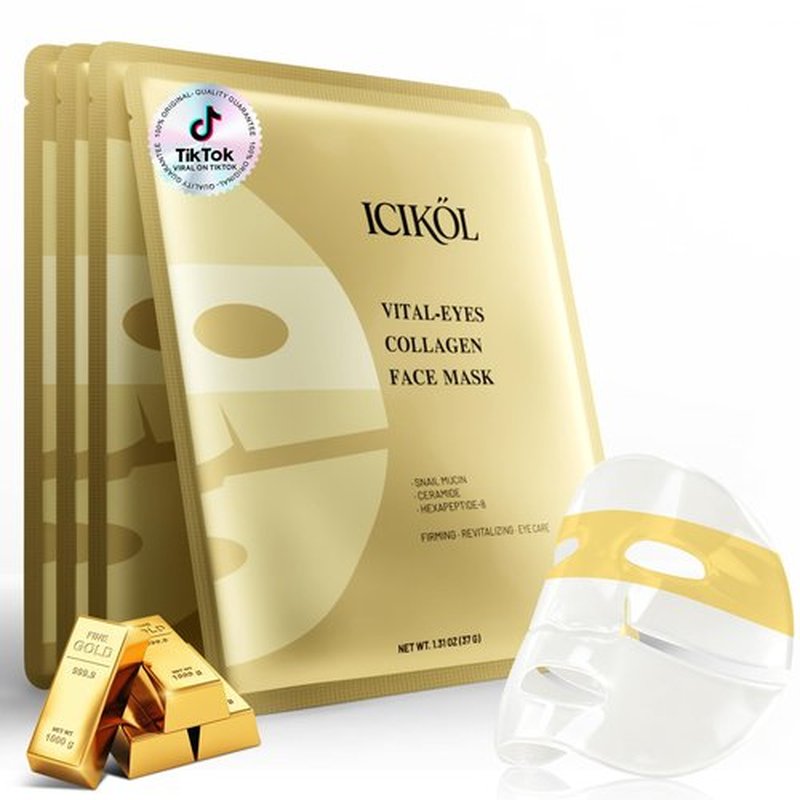 ICIKOL Collagen Face Mask with 24K Gold & Snail Mucin, Extra Eye Care Hydrogel Mask for Age-Defying & Skin Glowing, Overnight Elasticity Repair, 37g x 4 Sheets