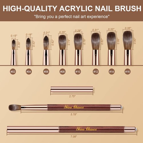 Shine Chance Acrylic Nail Brush Size 8, 100% Real Kolinsky Art Nail Brush for Acrylic Powder Application, Handmade Wood Handle Nail Extension Tool for Professional DIY Home Salon and Beginners