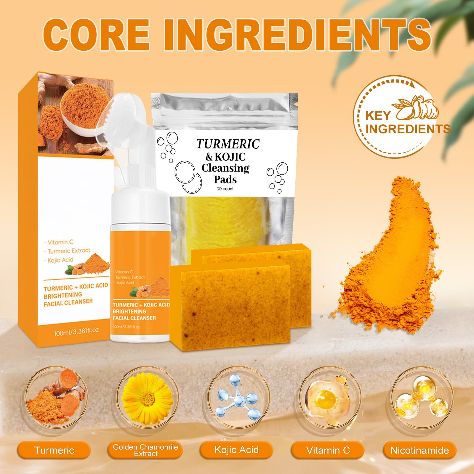 Amdele Turmeric Wash and Care Set, 4-Piece Turmeric Skincare Set:Turmeric Facial Wash with Brush,Cleansing Pad,Soap bar & Face Cream, Deep Cleansing for Face & Body