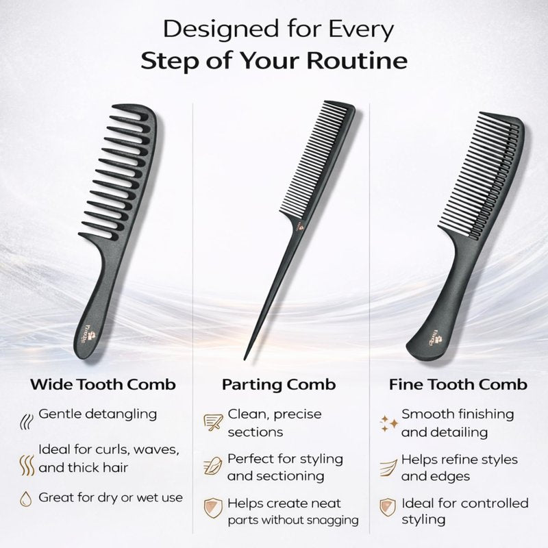 Vivedge Carbon Fiber Hair Comb Set for Curly Hair Woman|Wide Tooth Comb, Parting, Fine Tooth for Detangling, Styling for Natural Fine Straight to Curly, Thick, Wet or Dry Hair (Black-Pink)