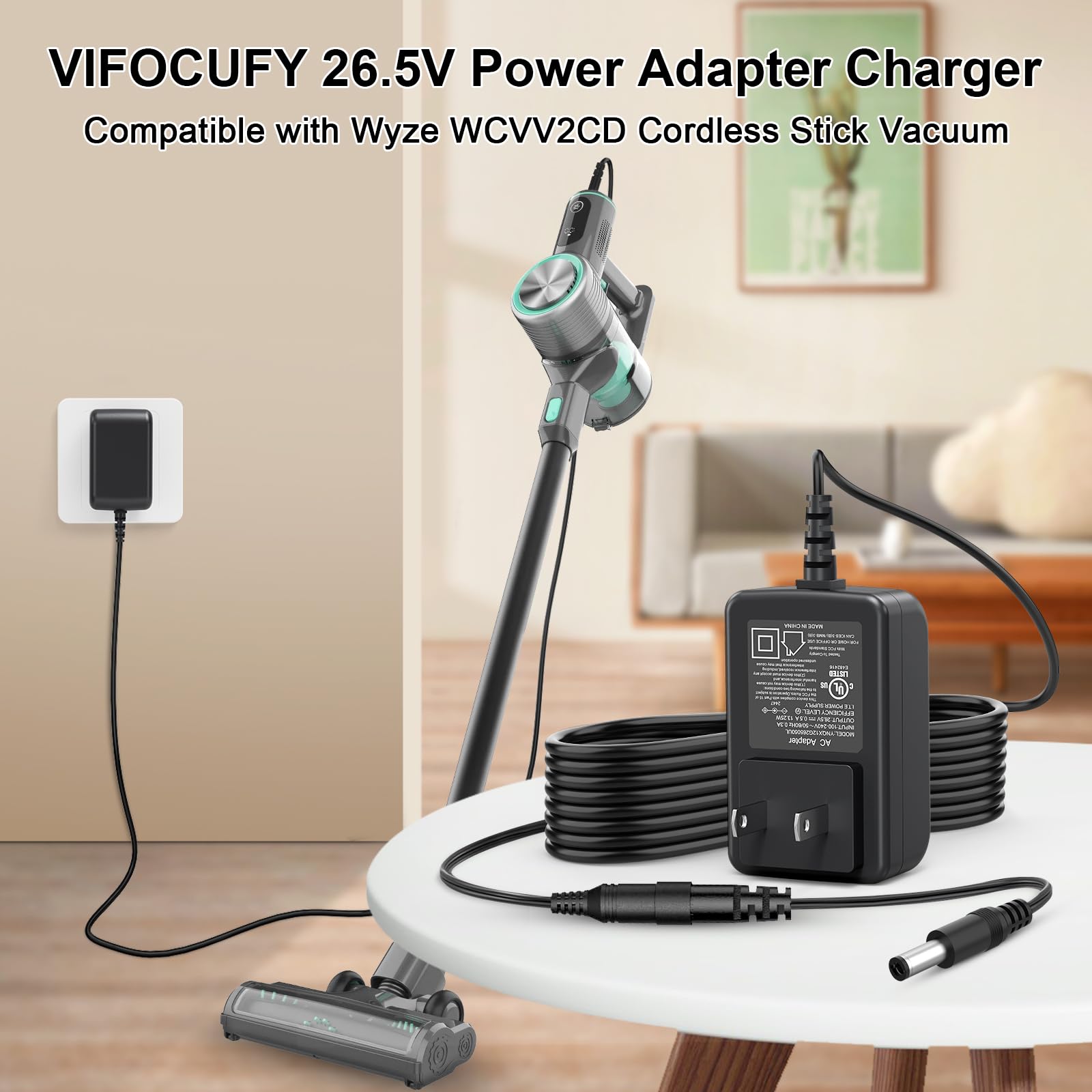 VIFOCUFY 26.5V AC/DC Adapter Charger Compatible with Wyze WCVV2CD Cordless Stick Vacuum 26.5VDC 0.5Ah Lithium Li-ion Battery 300W Lightweight Cordless Stick Vacuum Cleaner Charger Power Cord Supply