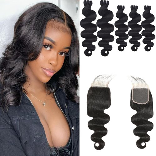Body Wave Bundles with Closure Human Hair 12 12 12 14 14 with 10 Inch 4x4 HD Lace Closure 12A Raw 100% Virgin Human Hair Extensions Body Wave 5 Bundles and Closure Quick Weave Bundle for Women