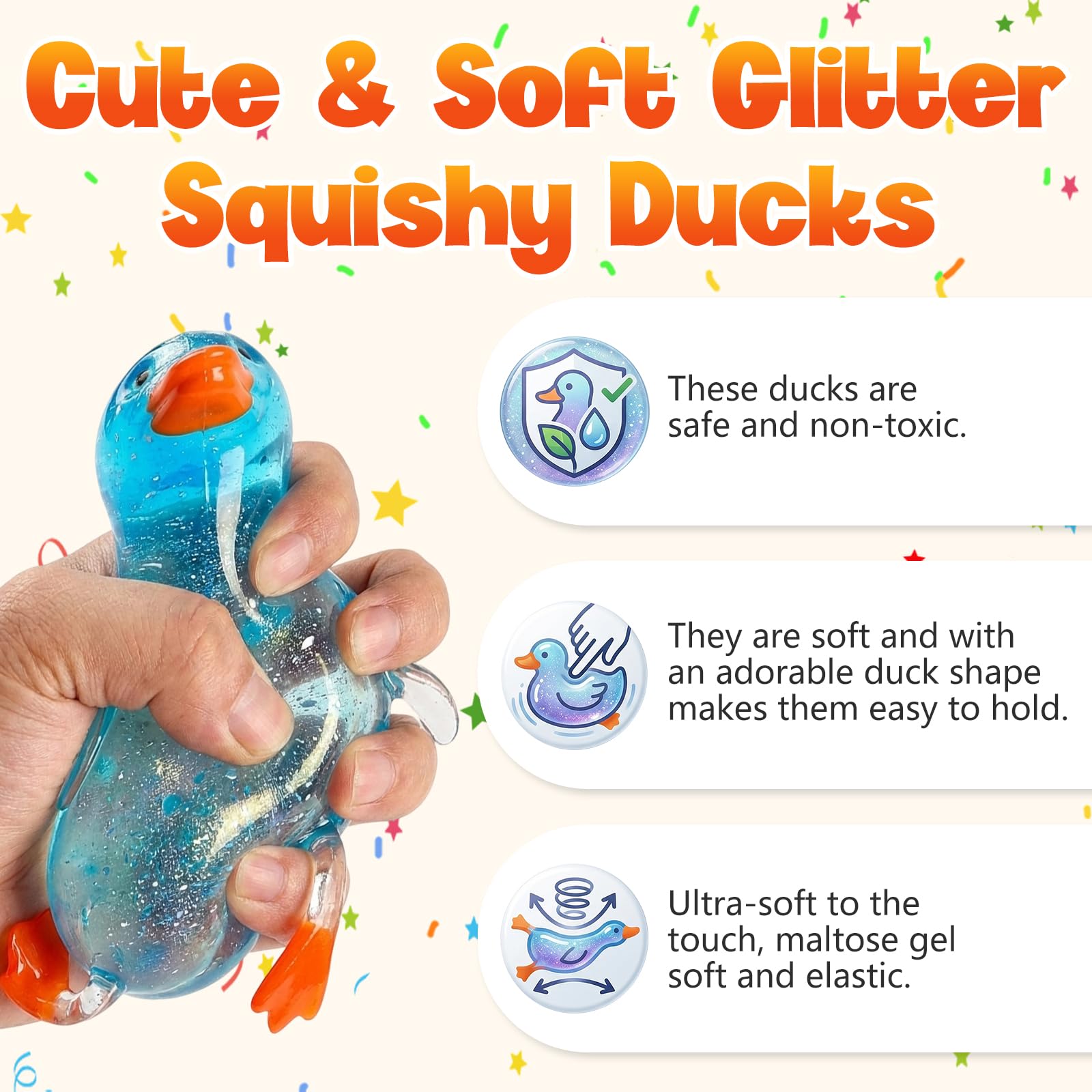 Cute Duck Squishy Sugar Stress Ball,Soft Duck Stress Relief Slow Rise Relaxing Sensory Fidget Toy for Anxiety Relief, Suitable for Adult use in Offices and Homes(Yellow)