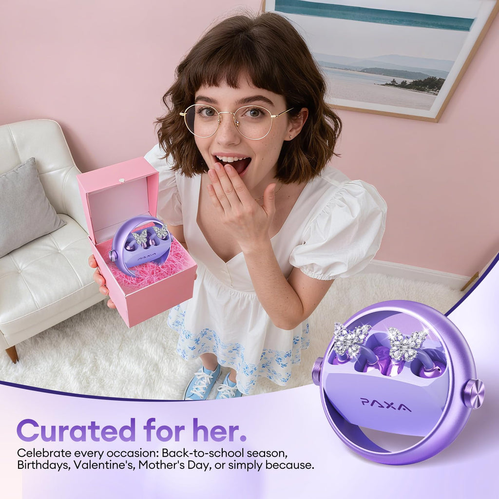 PAXA 3 in 1 Ctbuds Stylish Jewelry-Style Clip on Open Ear Headphones Wireless Earbuds, Instant Earring Mode, Ultra-Long 140H Play, Bluetooth 6.0, All-Day Wear for Work Fitness Daily Use, Purple