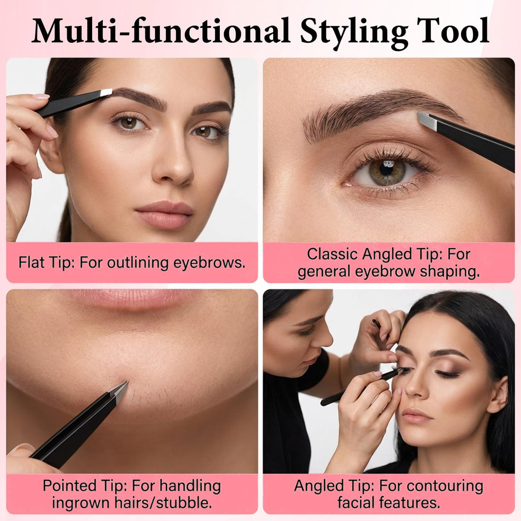 4Pcs Eyebrow Tweezer Mini Tweezer Set for Women Men Black Stainless Steel Precision Tweezers for Facial Hairs Ingrown Hair Removal