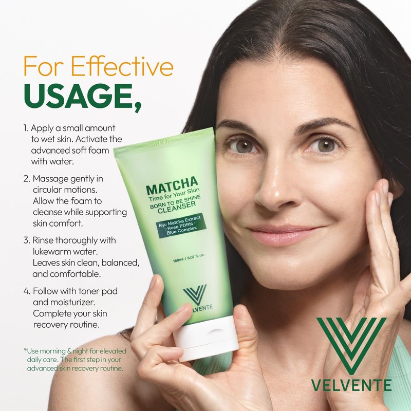 VELVENTE Matcha Gentle Deep Pore Cleansing Facial Cleanser, Low-pH Face Wash for Pore Refining, Rose PDRN Hydrating Daily Facial Wash Redness & Sensitive Skin Friendly, Korean Skincare(5.07 fl.oz.)
