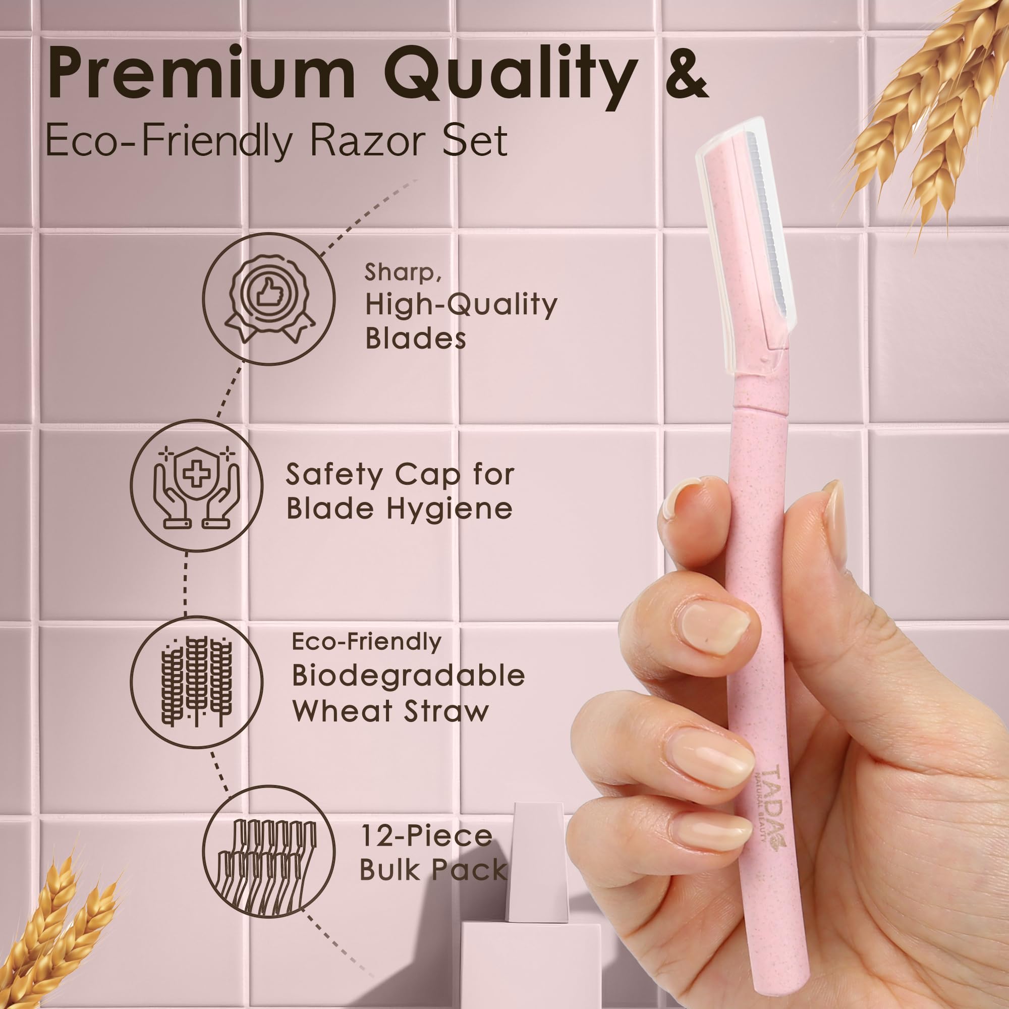 TADA Natural Beauty Biodegradable Dermaplaning Tool 12pk, Face Eyebrow Face Razors, Face Shaver & Exfoliating (Pink)