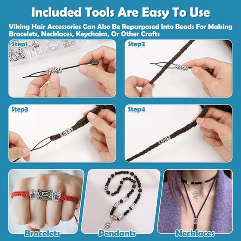 247Pcs Viking Hair Accessories Norse Runes Tube Beads Metal Cuffs Clips Rings, Dreadlock Beads Braids Locs Hair Jewelry Set for Women Men Beard Decoration Bracelets Necklace DIY Silver