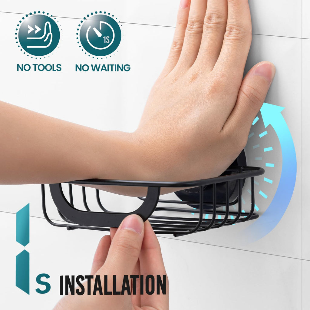 TAILI Soap Holder for Shower – Suction Cup Bar Soap Dish with Hooks, Rustproof Stainless Steel, Self-Draining Sponge Holder with Razor Holder for Bathroom & Kitchen, Black