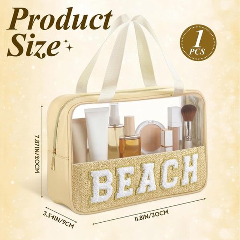 Kajaia Clear Beach Bag - Large Woven Transparent Makeup & Toiletry Storage | Boho Preppy Design - Beige