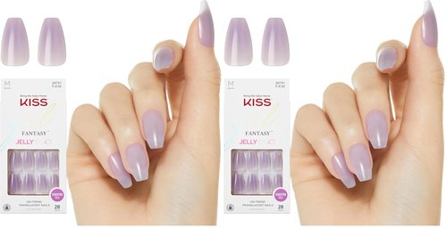 KISS Gel Fantasy, Press On Nails, Nail glue included, 'Quince Jelly', Purple, Medium Size, Coffin Shape, Includes 28 Nails, 2g glue, 1 Manicure Stick, 1 Mini File (Pack of 2)