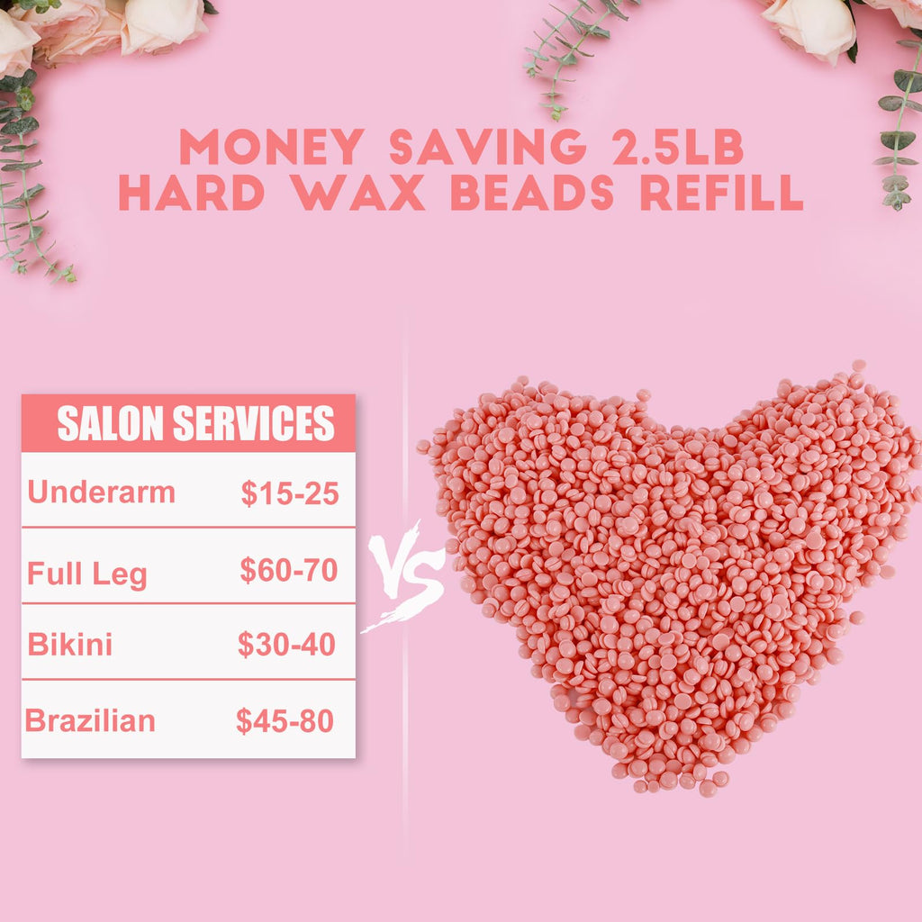 2.5lb Bulk Hard Wax Beads, Stripless Wax Bead for Sensitive Skin Bikini, Body, Face, Legs, Coarse Hair Removal, Professional Brazilian Waxing Bead, At-Home Salon Wax Refill, 20 Wooden Sticks, Pink