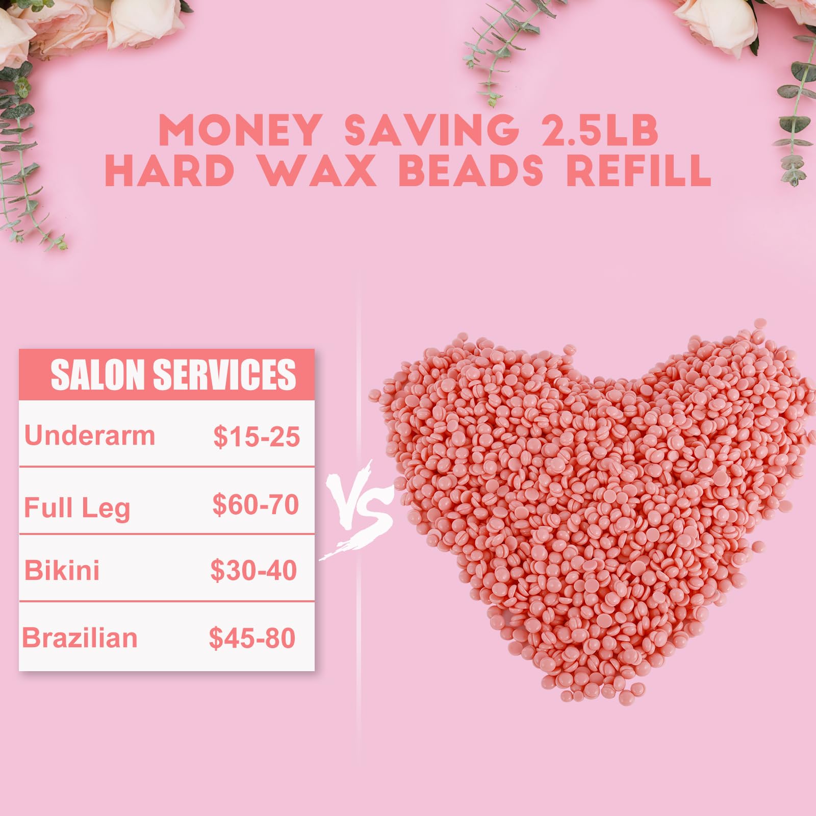 2.5lb Bulk Hard Wax Beads, Stripless Wax Bead for Sensitive Skin Bikini, Body, Face, Legs, Coarse Hair Removal, Professional Brazilian Waxing Bead, At-Home Salon Wax Refill, 20 Wooden Sticks, Pink