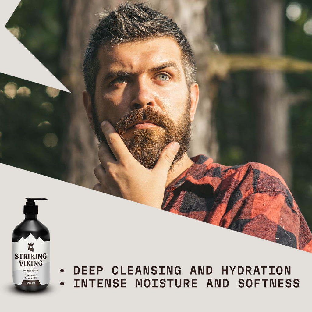 Striking Viking Beard Wash - 17 oz, Natural Tea Tree & Biotin - Cologne Scent Beard Shampoo Paraben & Sulfate Free For Men - Deep Cleansing and Care