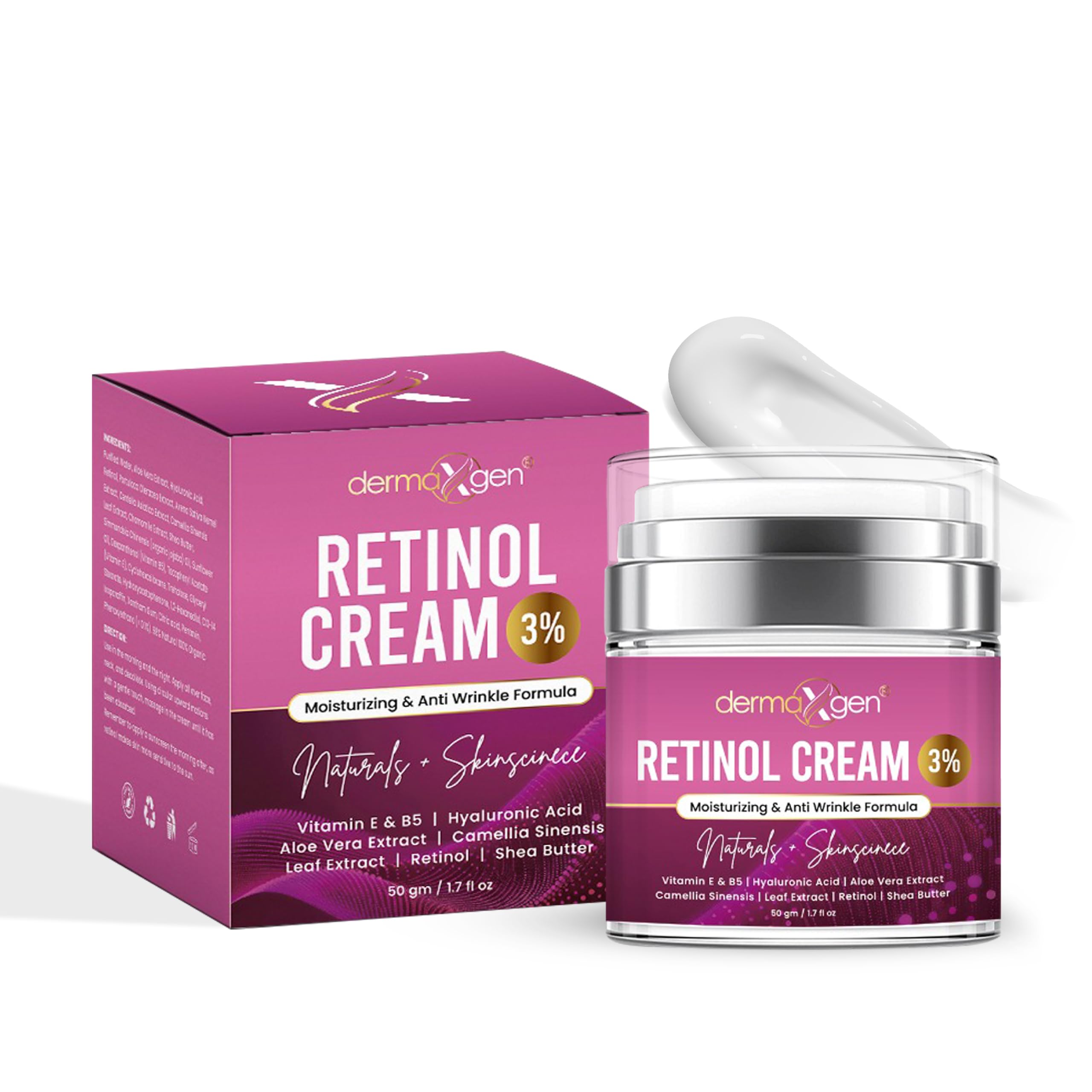 Dermaxgen Retinol Cream – 3% (Percent) Retinol Cream for Face with Hyaluronic Acid – Anti-Aging Face Cream for Fine Lines and Wrinkles – Hydrating Face Moisturizer with Shea Butter, Aloe Vera
