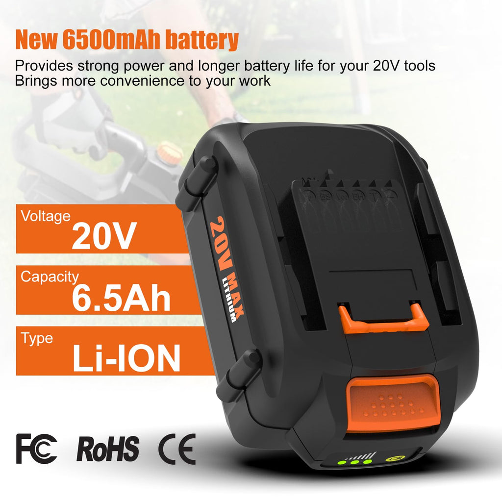 BECDXPal 2 Pack 6.5Ah Replacement for Worx 20V Battery and Charger Compatible with All Worx Battery 20V WA3525 WA3575 WA3520 WG151s WG155s WG545s