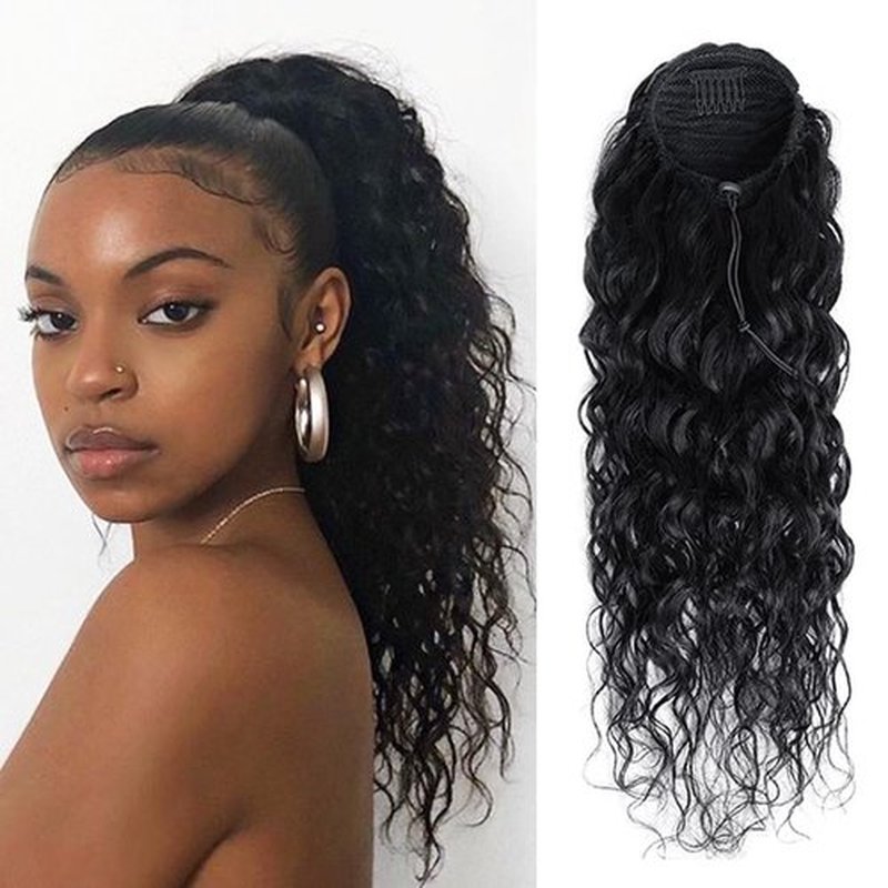 Ainimiu Water Wave Ponytail Extension Drawstring Human Hair Clip In Real Brazilian Virgin Human Ponytails For Black Women Wet And Wavy Hair Pieces Natural Black 20 Inch