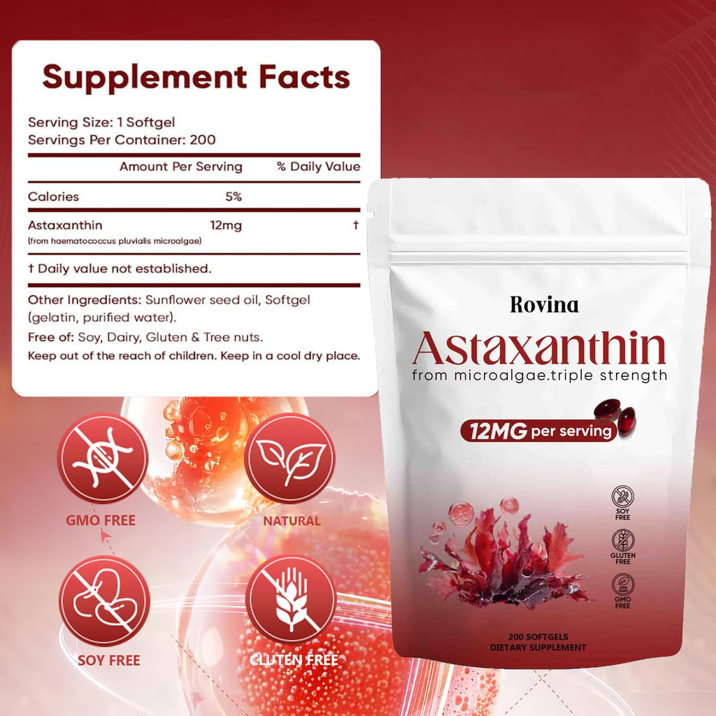 Regpem Rovina Astaxanthin 12mg, Revella Astaxanthin Antioxidant Supplements for Immune, Eye, Skin Supports, Non-GMO & Gluten Free - 200 Softgels