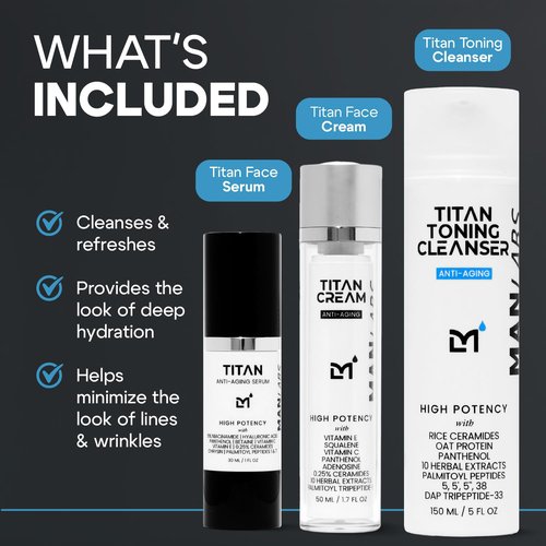 Man Labs Titan Anti-Aging Mens Skin Care Kit – Face Serum for Men, Face Moisturizer, Cleanser – Skin Care for Men – Dark Spots, Wrinkles, Fine Lines – Vitamin C, Niacinamide, Ceramides, HA – Unscented