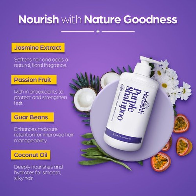 Herbishh Purple Shampoo - Eliminate Yellow & Brassy Undertones | 16.9 fl. Oz for Blonde Hair