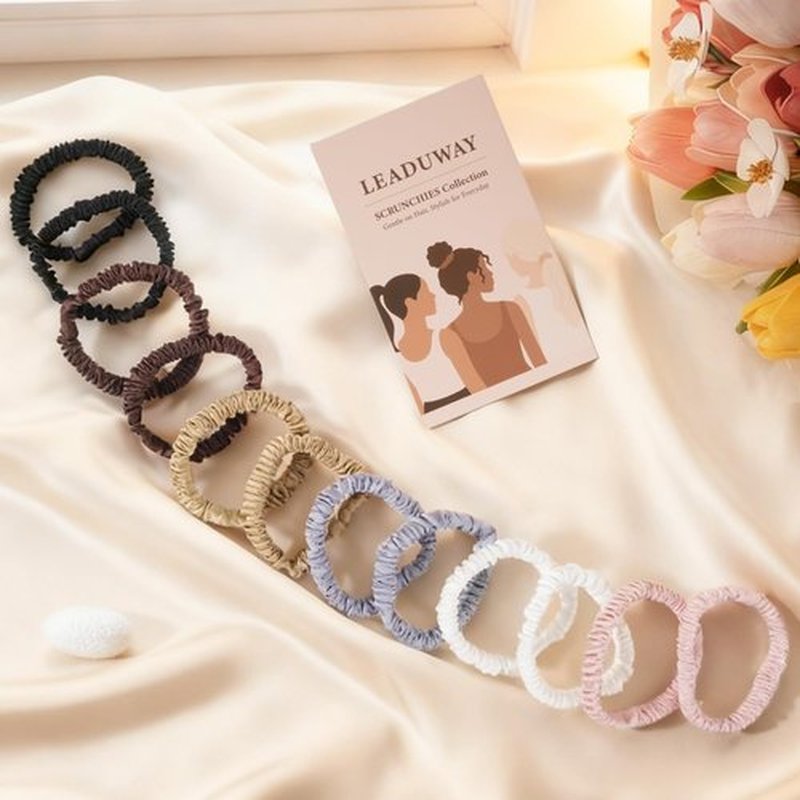 LEADUWAY 12 Pack Silky Soft Skinny Hair Ties, Silk-Like No Damage Scrunchies Elastic Ponytail Bands for Women Girls, Thin Thick Curly Hair