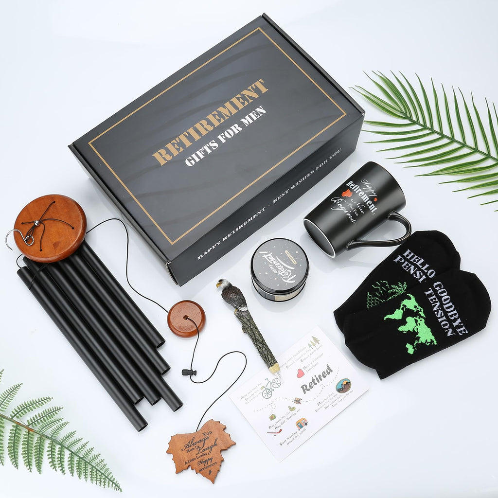 Retirement Gifts for Men 2025, Funny & Cool Happy Retirement Gift for Friends, Coworker, Dad, Grandpa,Retirees,Boss, Best Retired Gifts Basket for Him Include Mugs Wind Chimes,Socks,Candle,Resin Pen