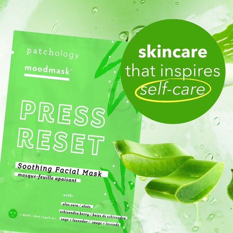 Patchology Press Reset Aloe Vera Face Mask - Moisturizing Facial Sheet Masks w/ Lavender & Vitamin B5 for Skin Relaxation & Revitalization - Ideal Skincare Solution for Sun-Exposed Skin (4 Count)