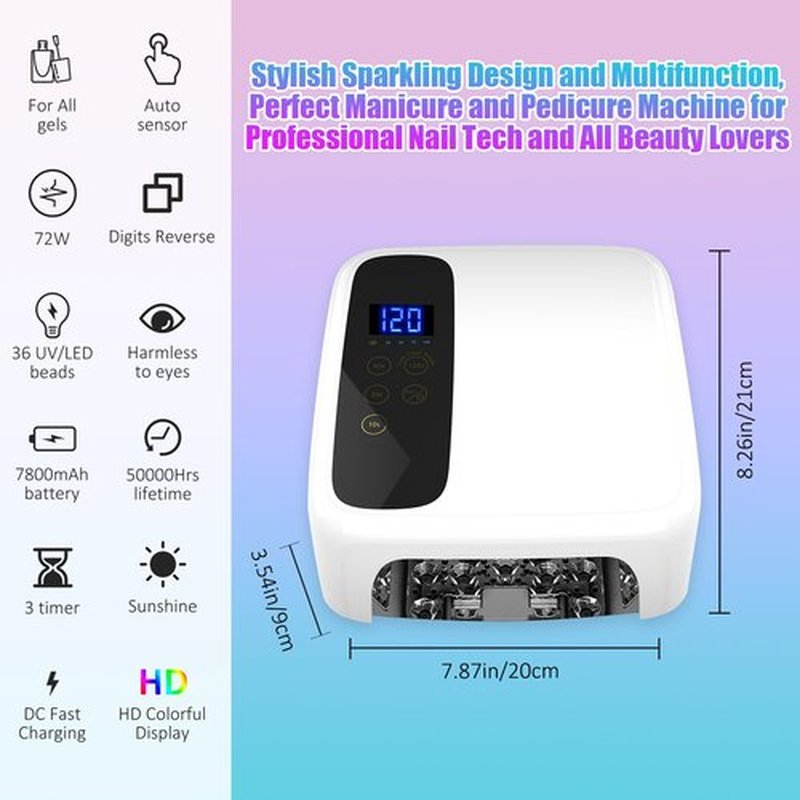 Interchangeable Light Panel & Battery - Cordless Rechargeable 72W AI UV LED Nail Lamp with Metallic Reflector & Base, Professional Salon-Grade Wireless Gel Nail Dryer Fast Curing Light (White)