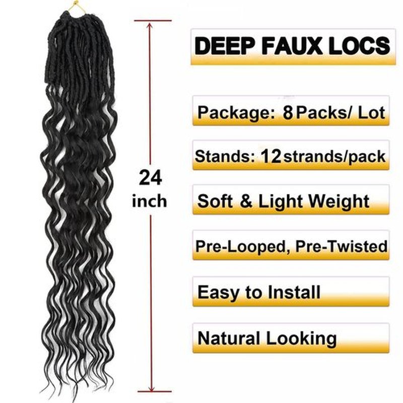 Deep Faux Locs Crochet Hair Pre Looped 8 Packs 24 Inch Soft Locs Crochet Hair for Black Women Boho Goddess Locs Crochet Braids with Curly Ends Dreadlocs Synthetic Hair Extension 1B