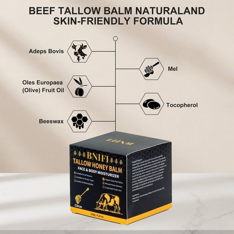 BNIFI Tallow and Honey Balm for Face Beef Tallow for Skin Organic Grass-Fed Beef Tallow Balm for Face Body Moisturizer (Citrus)