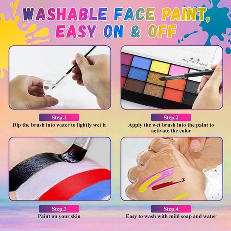 BRIMFULITE Face Painting Kit Non-toxic Body Paint Washable 18 Colors Facepaint Makeup Kit for Adults with 10 Face Paint Brushes for Halloween Party Cosplay Makeup (Color 001)
