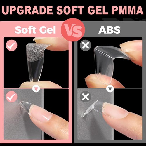Soft Gel Short/Medium/Long Almond Nail Tips Kit 3 Boxes 360Pcs, Full Cover Pre-etching Acrylic False Nails for Small and Flat Nail Bed Home Manicure Extension DIY Salon Clear Press On Nails, BlueZOO