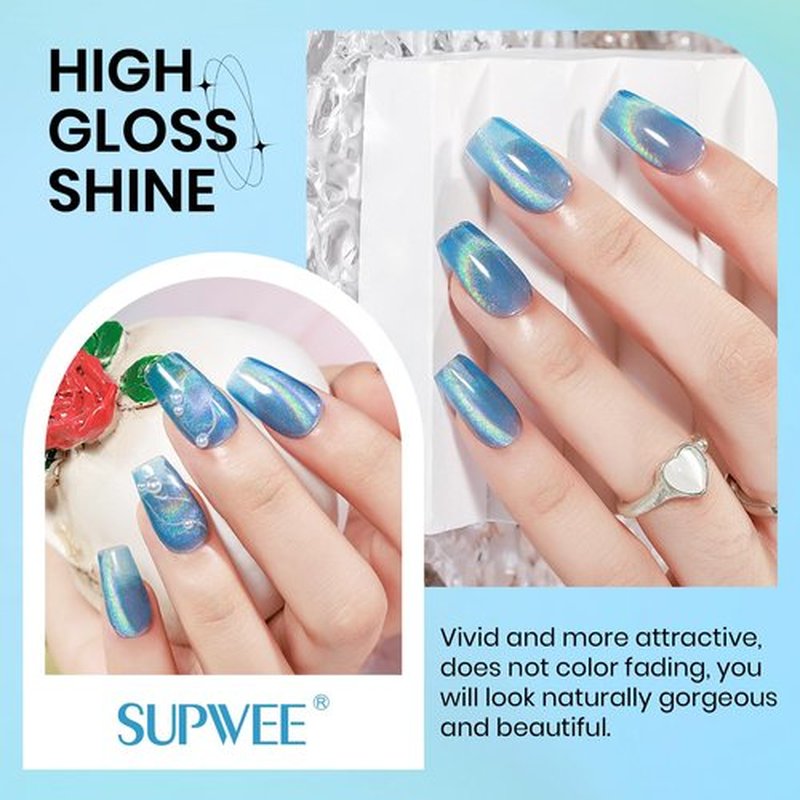 SUPWEE Blue Holographic Gel Nail Polish with Magnetic Rainbow Cat Eye Gel Nail Polish Cateye Glitter Nails Polishes Gels Iridescent Effect for Home DIY Women Girls