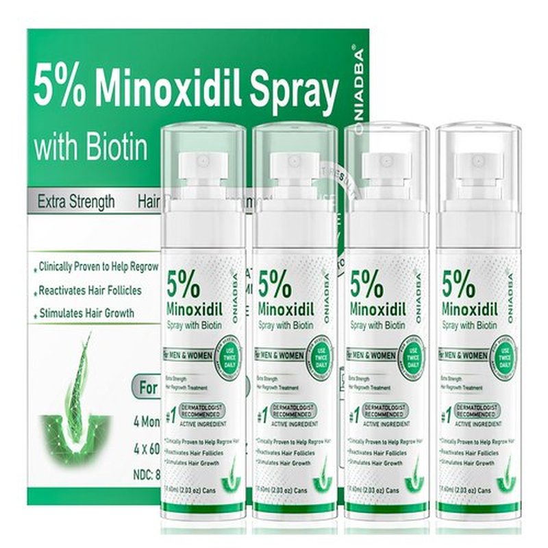 5% Minoxidil Spray for Hair Growth, 4 Pack (8.12oz), For Men & Women – Extra Strength Hair Regrowth Treatment with Biotin & Castor Oil, Supports Thicker Fuller Hair & Beard, Non-Greasy 4-Month Supply