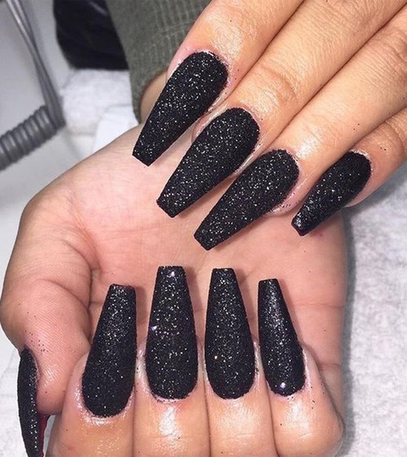 Aegenacess Black Press On Nails Coffin - Long With Glue Stickers, Glitter Stick On for Women, Light Weight in 12 Sizes, 24pcs Fake Nail Kit
