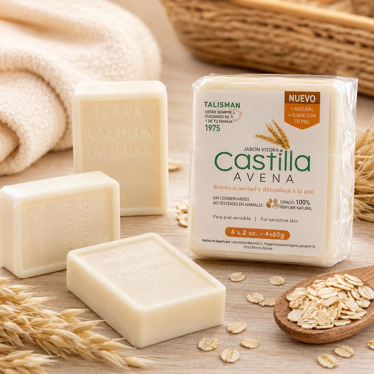 TALISMÁN Castilla Oatmeal Soap - 100% Natural and Preservative-Free for Sensitive Skin - Provides Softness and Elasticity, 2 oz Bars - 4-PACK