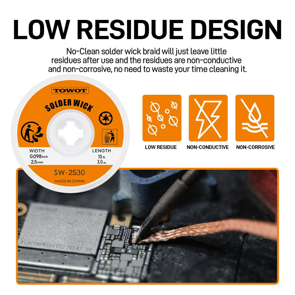 TOWOT 10ft Solder Wick Braid & No-Clean Soldering Flux Paste (10cc) - Desoldering Kit for Electronics Repair, PCB, Circuit Board Rework