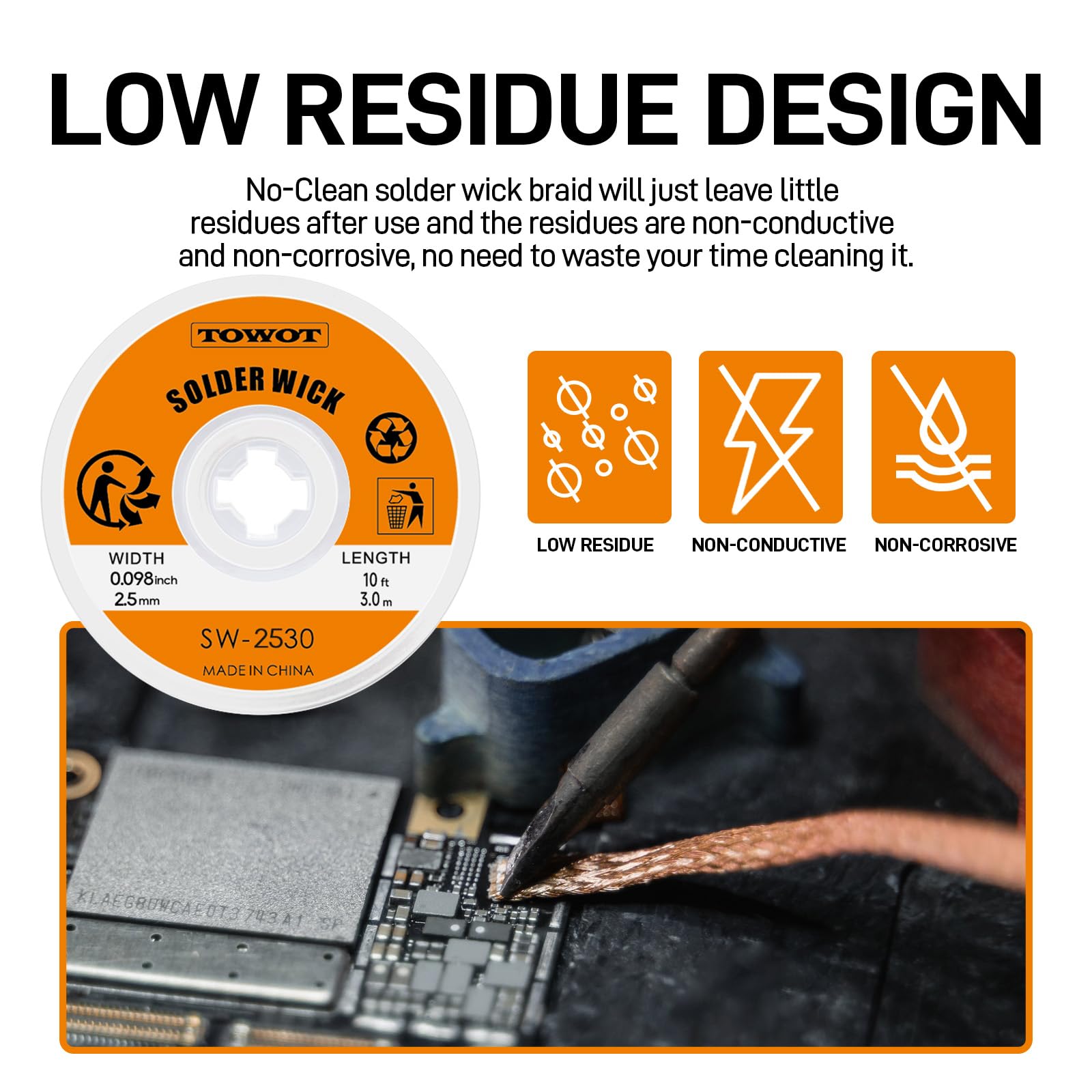 TOWOT 10ft Solder Wick Braid & No-Clean Soldering Flux Paste (10cc) - Desoldering Kit for Electronics Repair, PCB, Circuit Board Rework