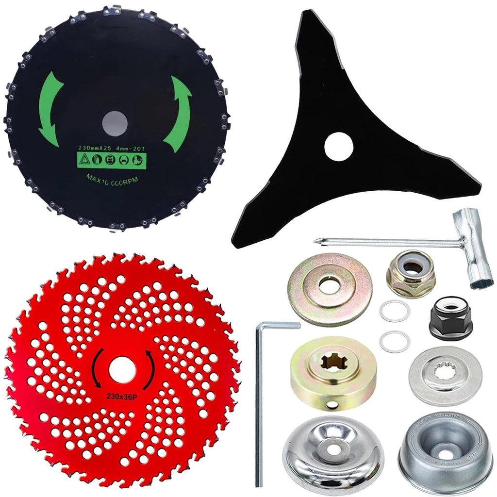 GOROBU Brush Cutter Blade Set with Adapter Kit, 9" 20T Chainsaw Tooth Cutter, 9" 36T Carbide Tipped Blade, 10" 3T Carbon Steel Blade, for Stihl Husqvarna Sears Echo Poluan Redmax Shindaiwa