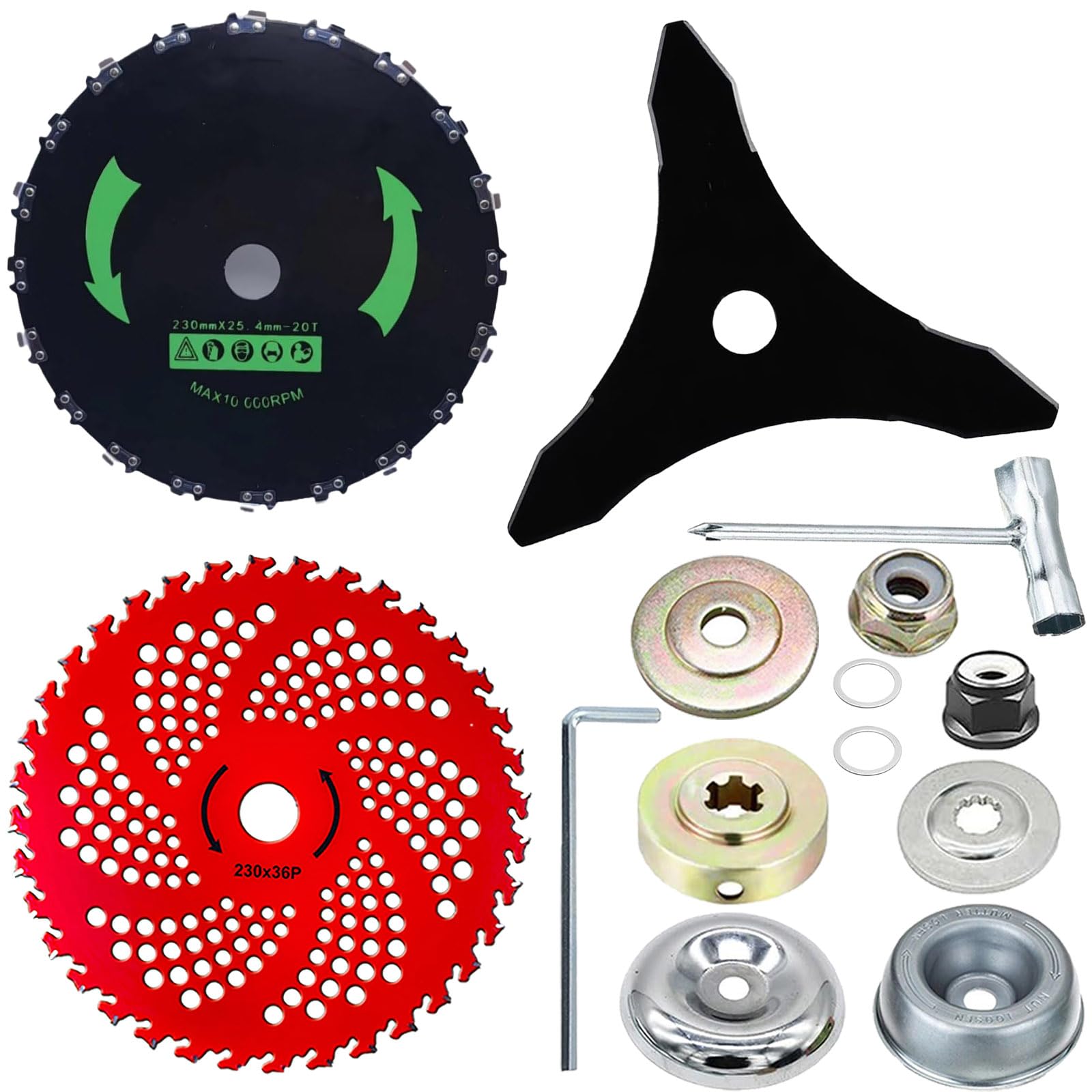 GOROBU Brush Cutter Blade Set with Adapter Kit, 9" 20T Chainsaw Tooth Cutter, 9" 36T Carbide Tipped Blade, 10" 3T Carbon Steel Blade, for Stihl Husqvarna Sears Echo Poluan Redmax Shindaiwa