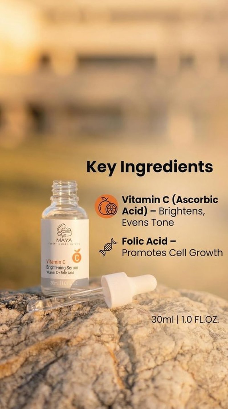 MAYA Vitamin C Brightening Serum - Hydrating & Glowing Face Serum with Folic Acid | 30ml