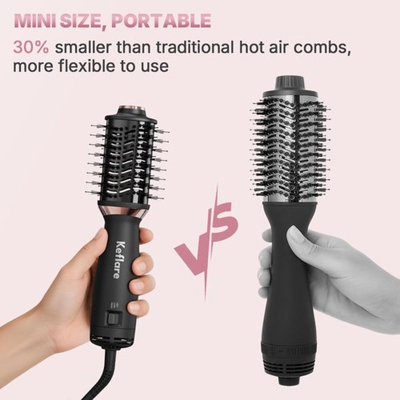 Keflare Mini Dual Voltage Hair Dryer Brush, 2-in-1 Hot Air Brush for Travel, One Step Blow Dryer & Styler for Drying, Smoothing and Volumizing Hair