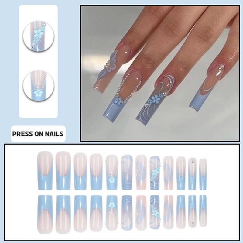 DANMANR Fake Nails Blue Long Press on Coffin Nails Full Cover Acrylic Pearl Fake French Nails for Women and Girls 24PCS