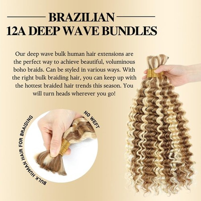 Syrenlore Ombre 27/613 Curly Braiding Hair Deep Wave Human Hair Bulk for Boho Braids, Highlighted Multi-Blonde Braiding Human Hair, No Weft Blonde Extensions 14 Inch 50G LIGHT BULK