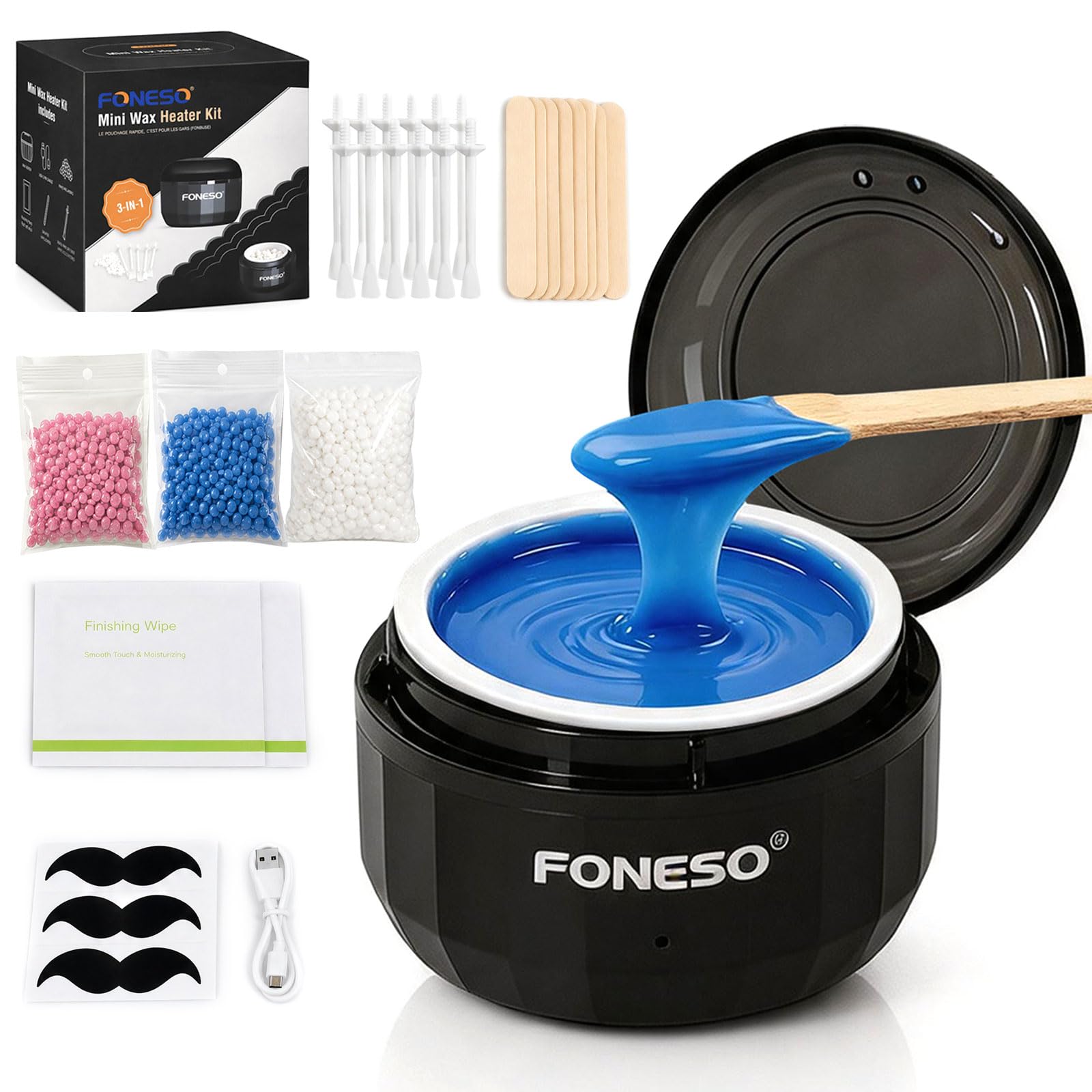 FONESO Nose Wax Kit for Men and Women, Smart Temperature Control Hair Removal Tool with USB Fast Heating, Complete Ear Hair Wax Removal Kit with 200g Wax Beads & 56 Pcs Accessories