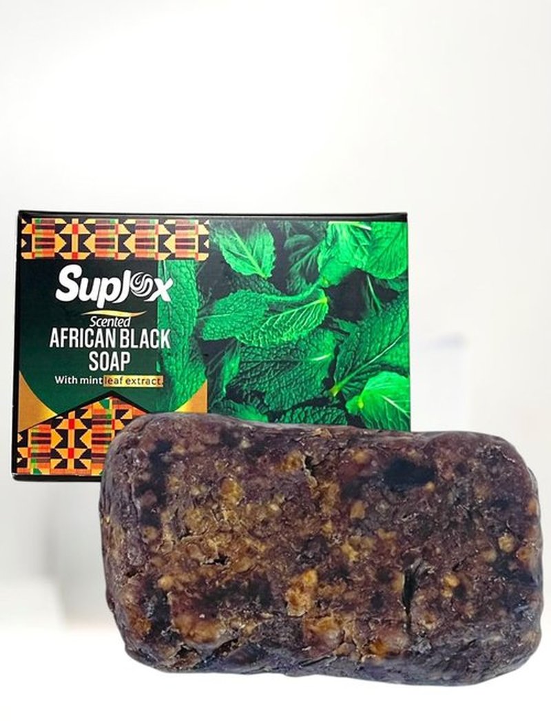Raw natural authentic organic African black soap bar for acne and dark spots, face and body ghana black african soap scented with mint.