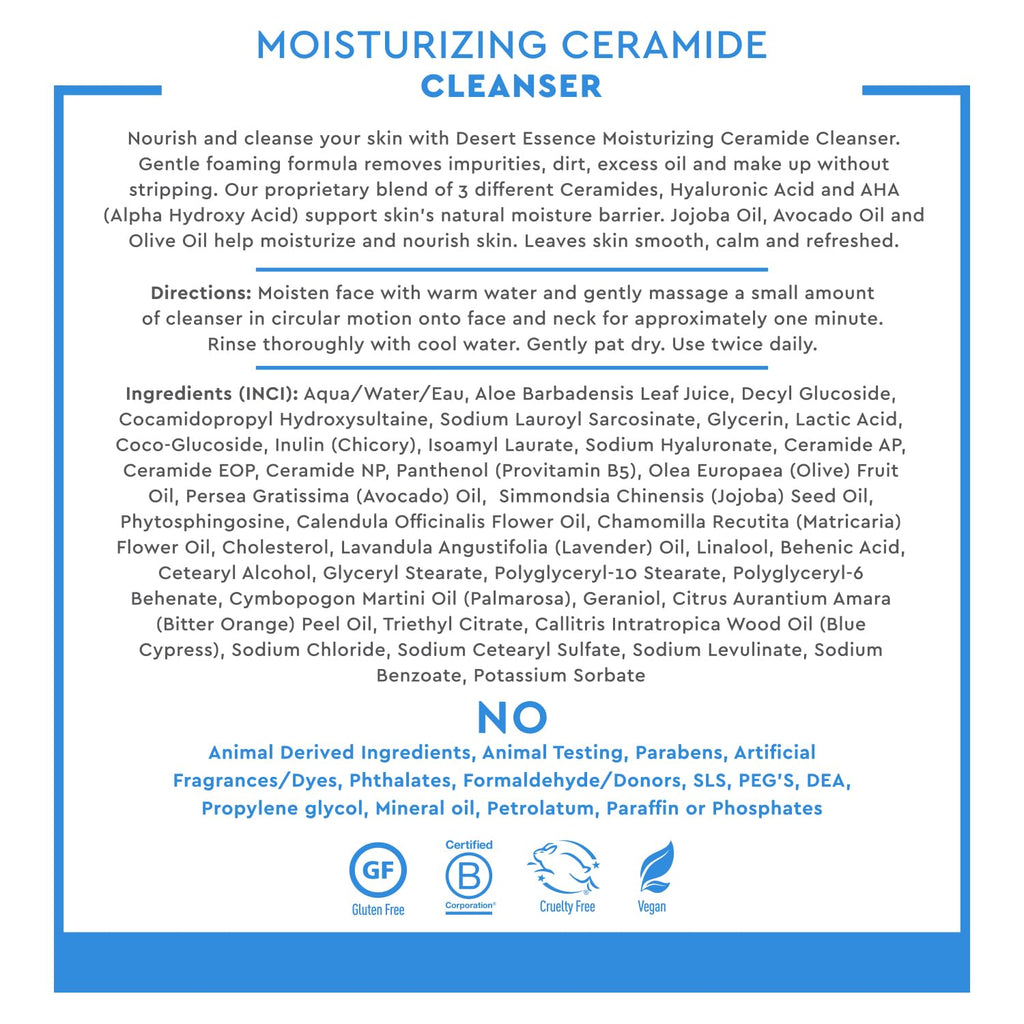 Desert Essence Moisturizing Ceramide Facial Cleanser 7.1 fl oz - Vegan, Gluten-Free. Cruelty-Free - Supports Skin's Natural Moisture Barrier - Moisturize and Nourish