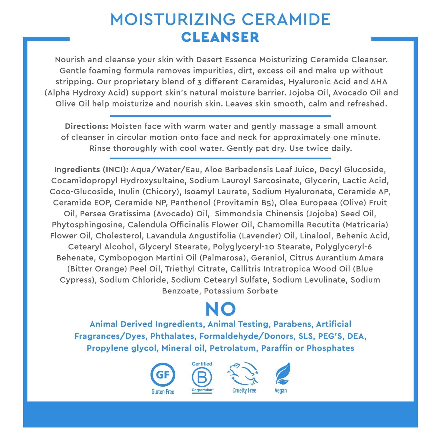 Desert Essence Moisturizing Ceramide Facial Cleanser 7.1 fl oz - Vegan, Gluten-Free. Cruelty-Free - Supports Skin's Natural Moisture Barrier - Moisturize and Nourish