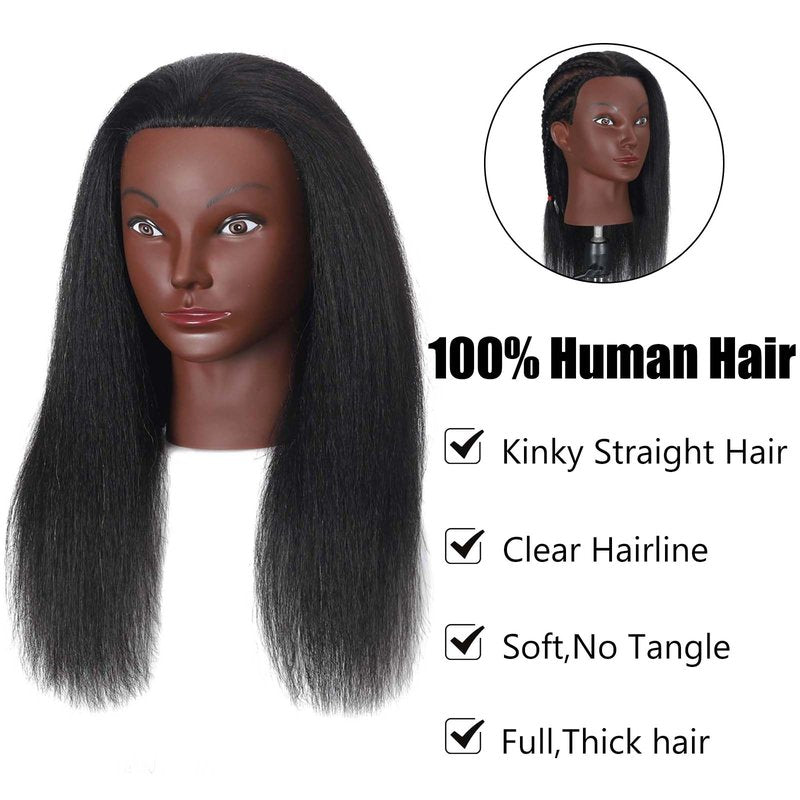 ZOMOI 16" Mannequin Head 100% Human Hair Hairdresser Training Braiding Styling Manikin Cosmetology Makeup Manican Doll Display Practice with Stand(Black 16inch A)